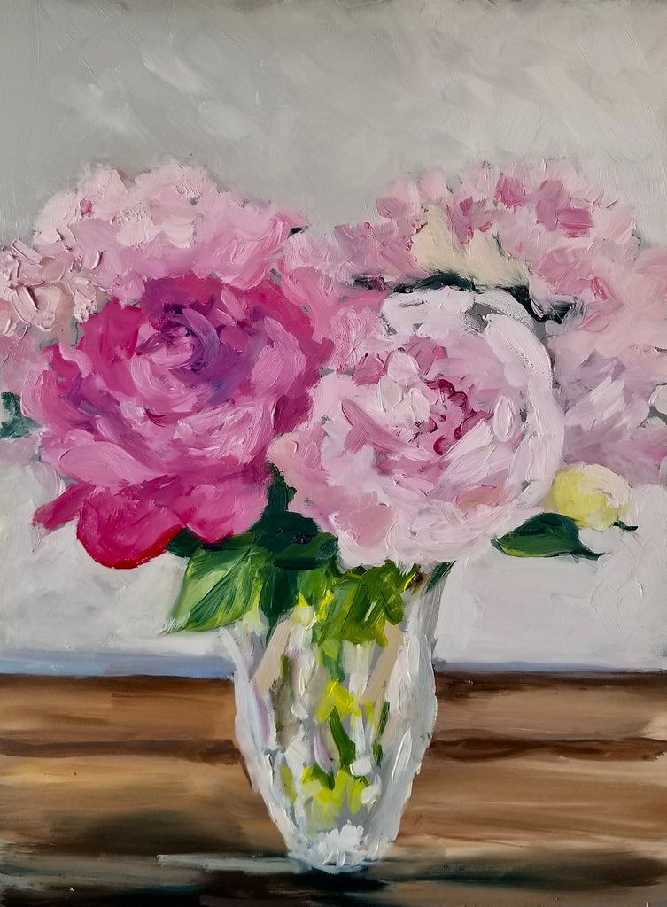 Peonies In A Vase-Oil on Board-9 x 12